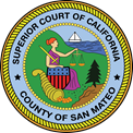Seal of the Superior Court of California, County of San Mateo, featuring a figure holding scales, with a landscape background.
